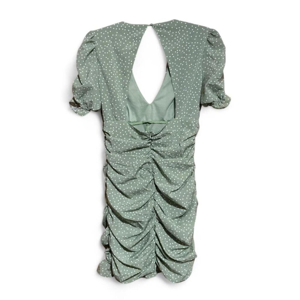 D'liteful polka dot ruched puff sleeve v-neck open back mini dress sage green - Picture 2 of 6